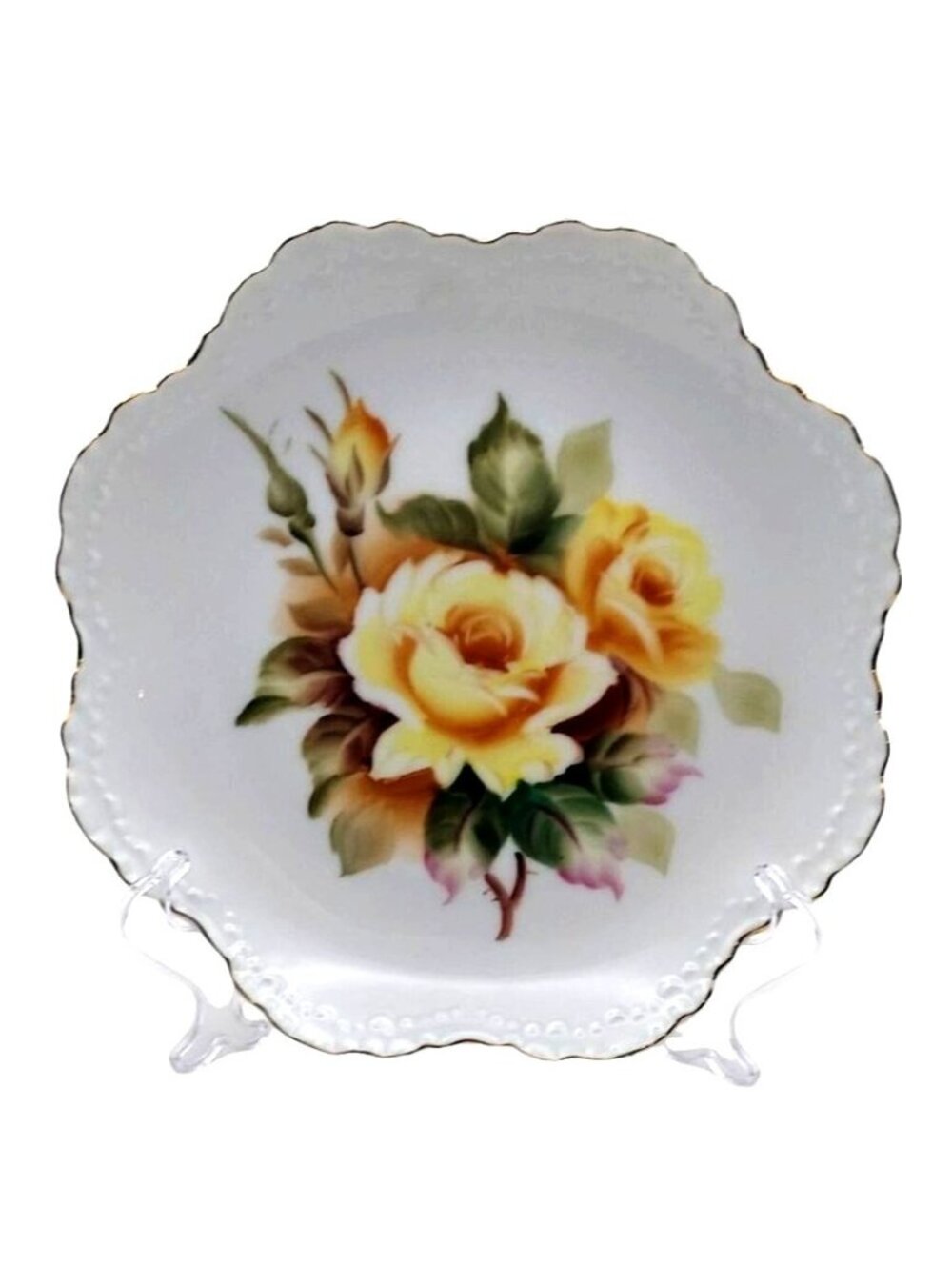 Lefton China Porcelain Scalloped Decorative Wall Plate Yellow Roses 6926 Vintage